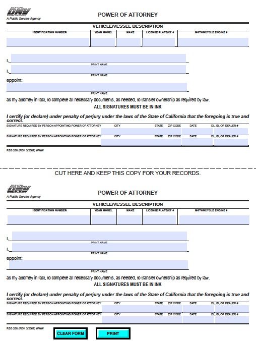 Free Vehicle Power of Attorney Form for California Adobe PDF