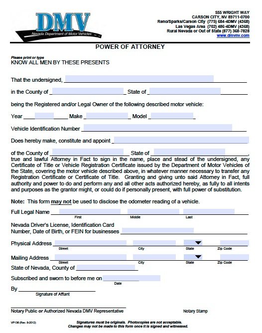 Vehicle Power of Attorney Nevada – Form 136 – DMV – Adobe PDF