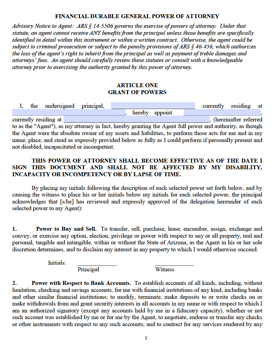 Free Blank Printable Medical Power Of Attorney Forms Arizona Pdf 