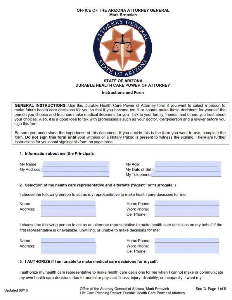 Free Medical Power Of Attorney Arizona Form PDF