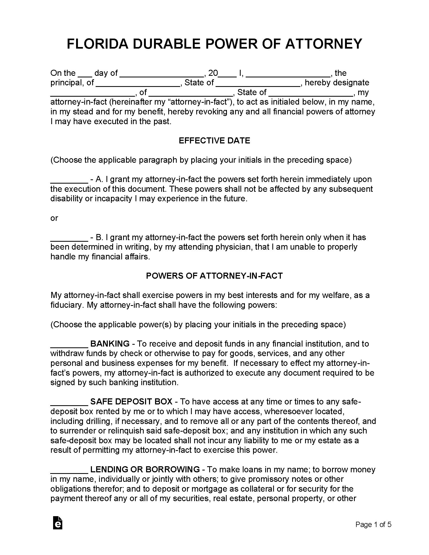 Free Durable Financial Power Of Attorney Florida Form Pdf Template