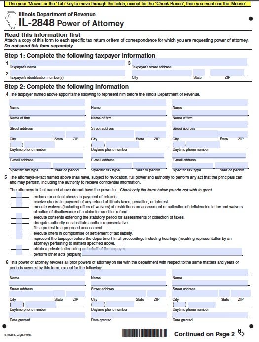 Illinois Tax Power of Attorney Form (IL-2848)