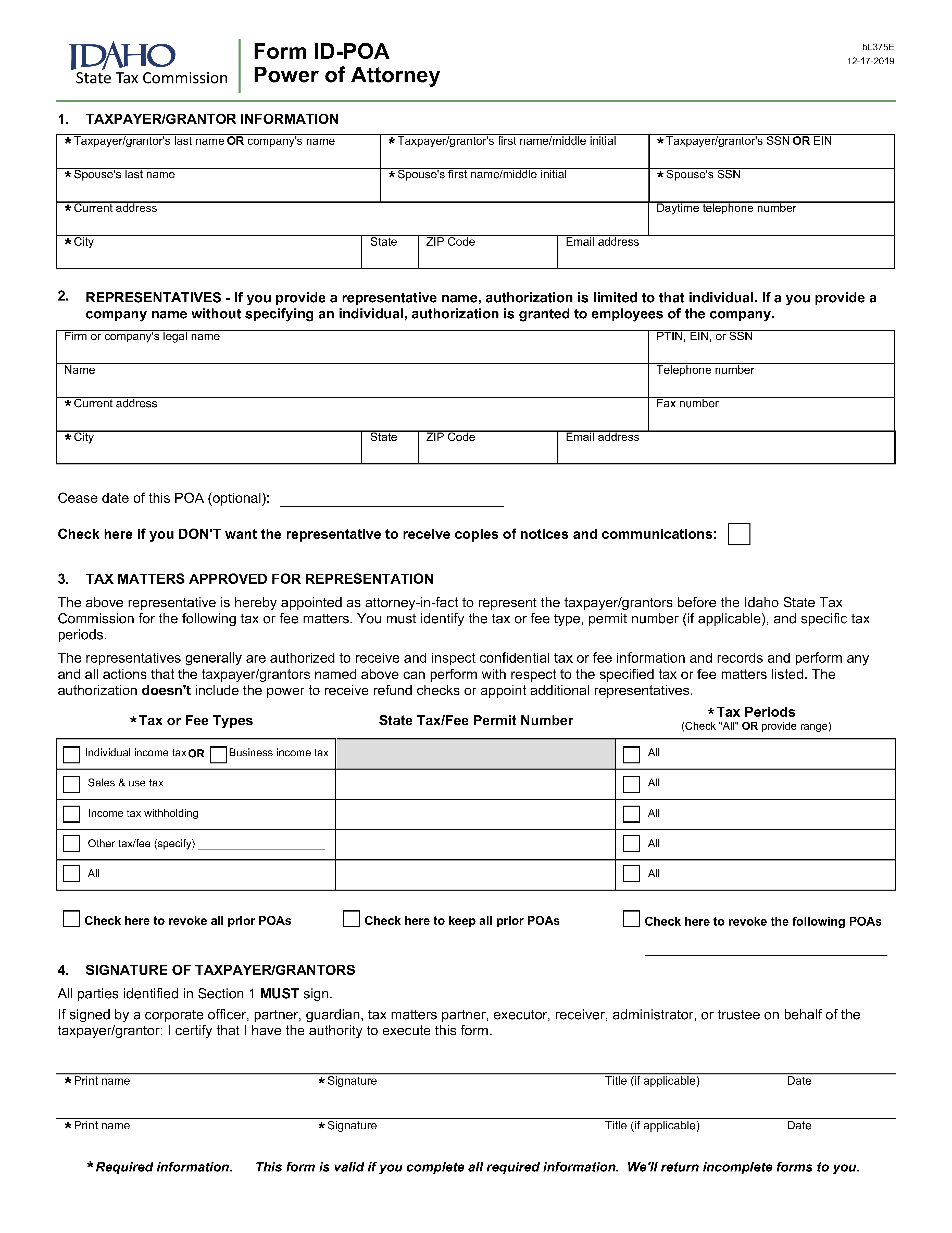 Free Tax Power Of Attorney Idaho Form BL375E PDF