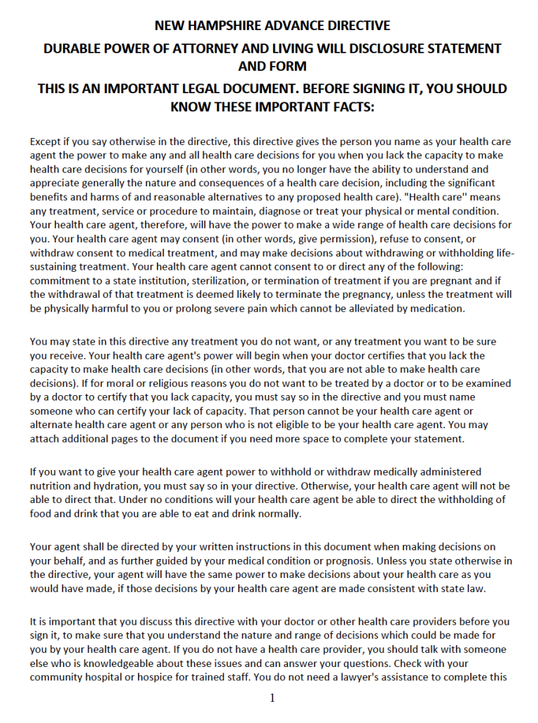 Power Of Attorney Form New Hampshire