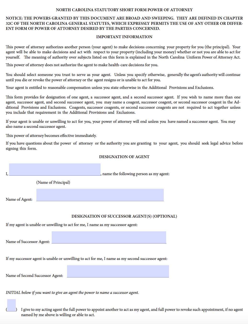 Power Of Attorney Form N.c. Printable