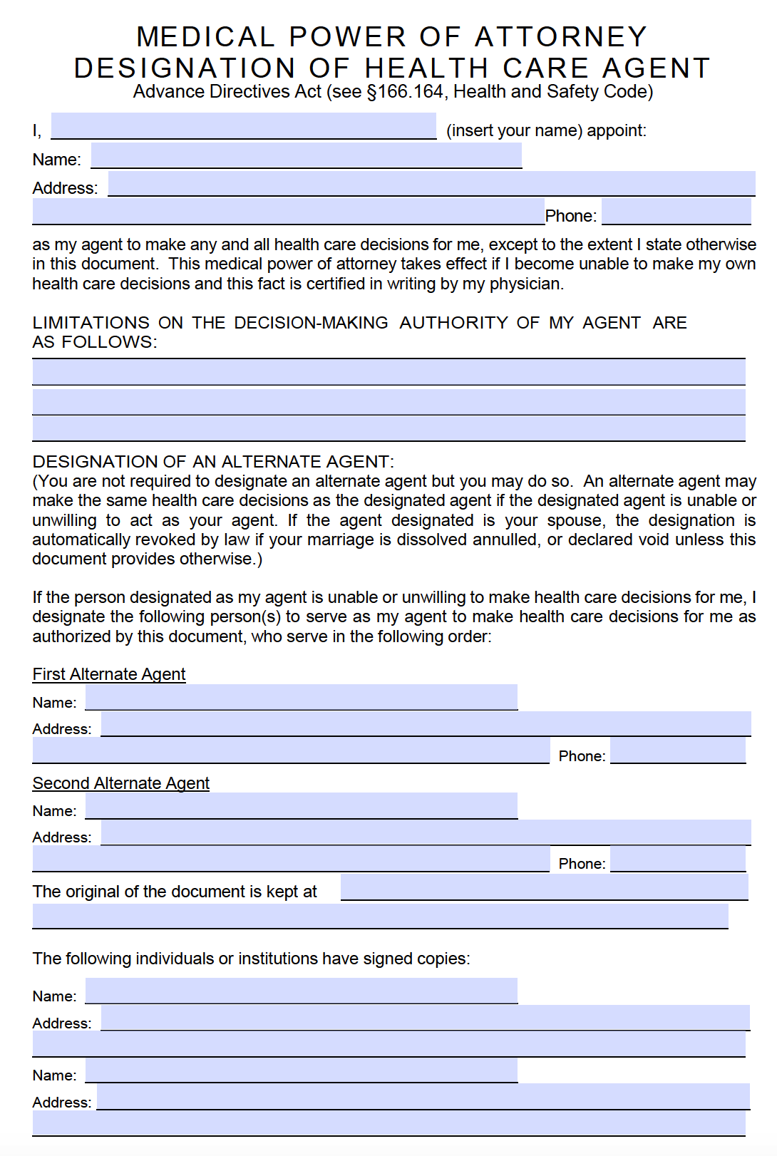 blank medical power of attorney form texas