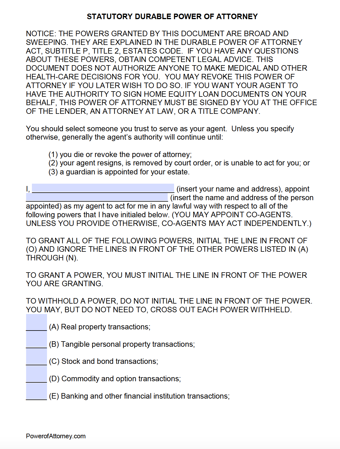 Free Durable Power of Attorney Texas Form – Adobe PDF – MS Word