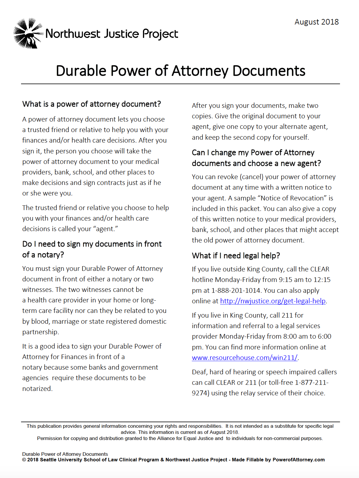 Free Durable Power of Attorney Form Washington