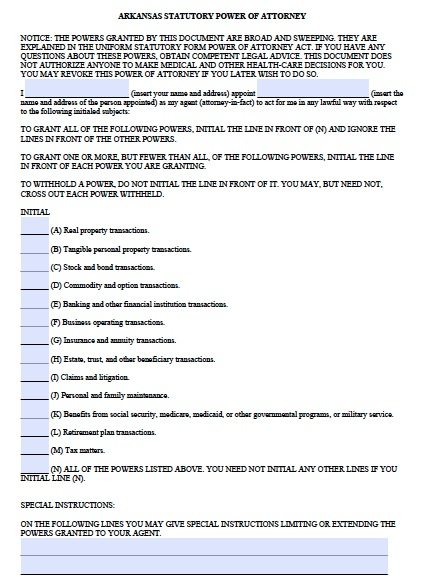 Free Durable Power of Attorney Arkansas Form – Fillable PDF