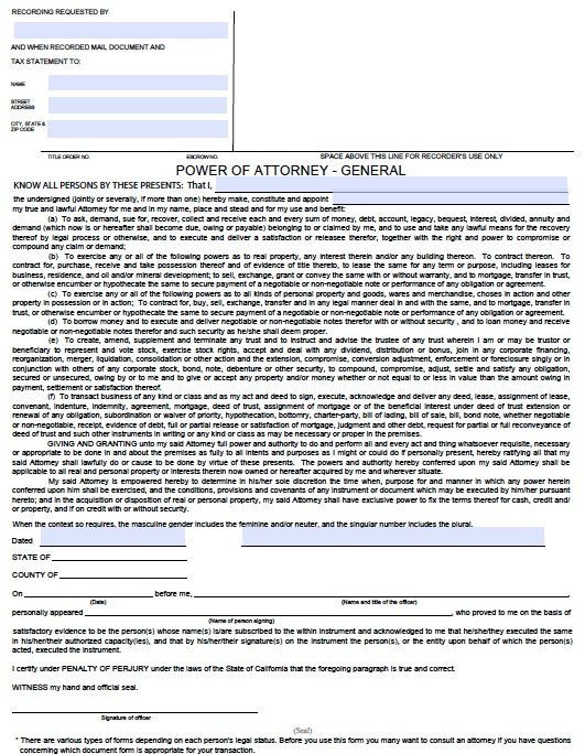 power of attorney form california
 Free General Power of Attorney California Form – Adobe PDF