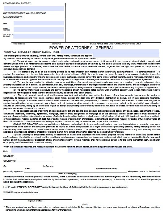 Free General Power of Attorney California Form – Adobe PDF