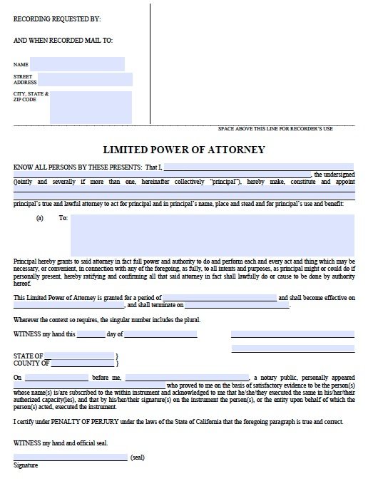 free limited power of attorney form california