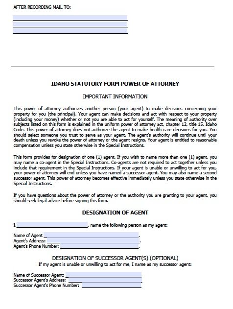 Free Durable Power Of Attorney Form Idaho