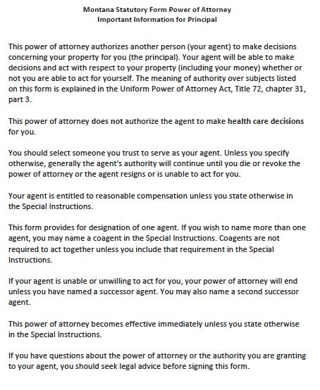 Montana Statutory Durable Power of Attorney Form
