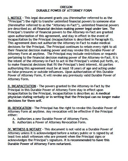 Free Printable Durable Power Of Attorney Form Oregon - Printable Forms ...