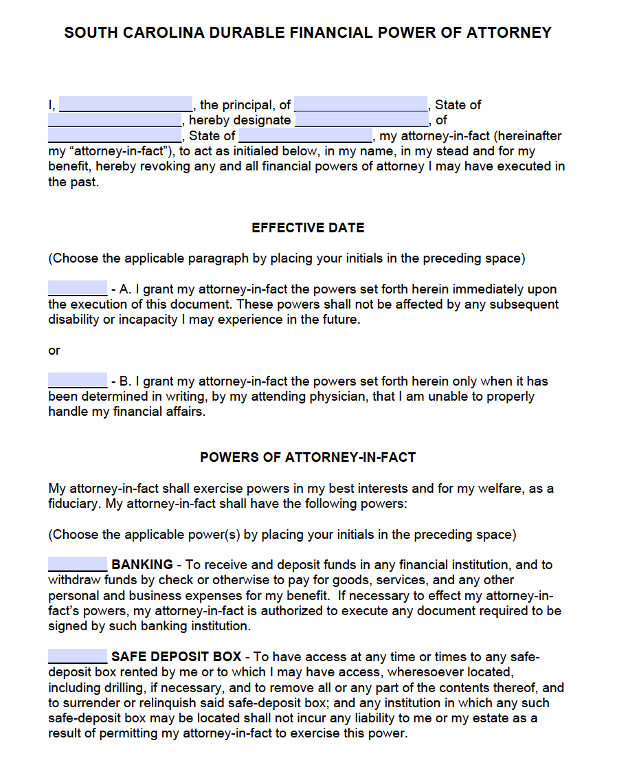 Free Durable Power Of Attorney Form South Carolina