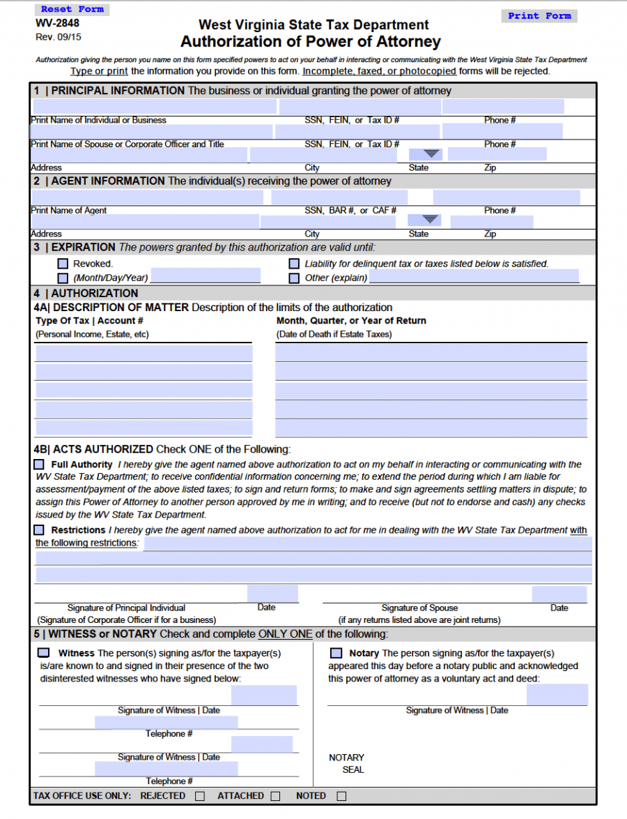 Free Tax Power of Attorney Form | West Virginia