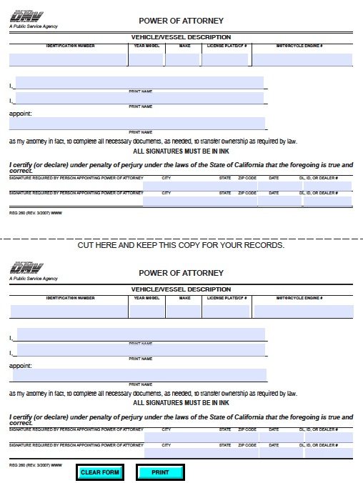 power of attorney for vehicle transactions california