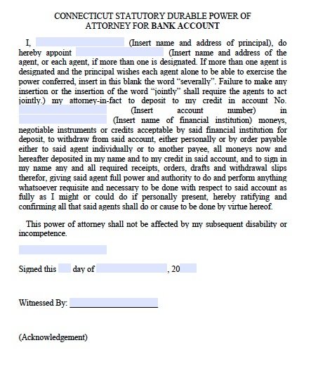 Free Bank Accounts ONLY Power of Attorney Form Connecticut – PDF Template