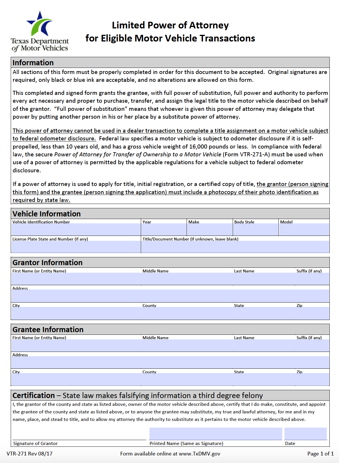 Limited Power Of Attorney Vehicle Printable Form Printable Forms Free