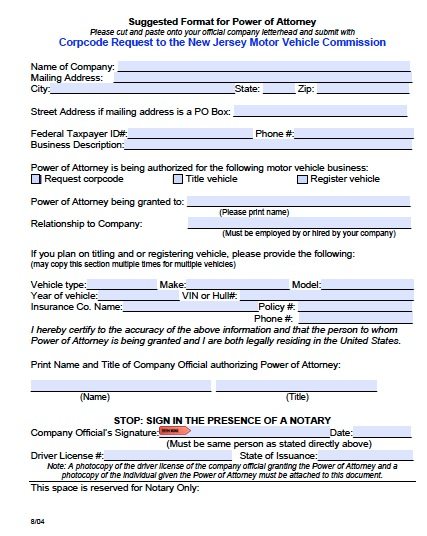 Free Motor Vehicle Commission Power of Attorney New Jersey – PDF