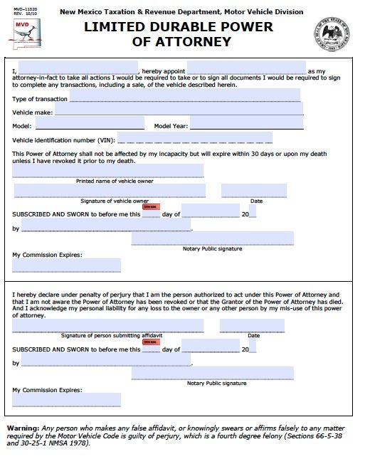 Free Motor Vehicle Power of Attorney New Mexico Form - PDF ...