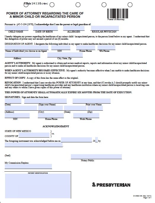 Free Minor (Child) Power of Attorney Form