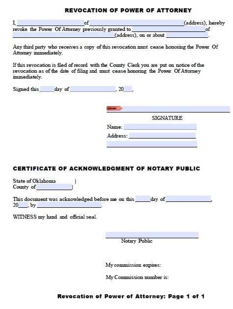 revoke power of attorney form
 Free Revocation Form for Oklahoma Power of Attorney – PDF