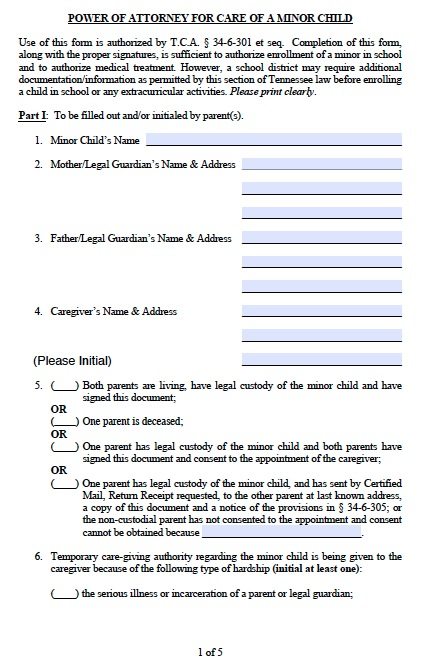 tennessee power of attorney for care of minor child