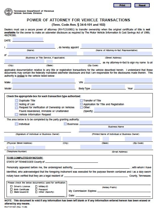 power of attorney vehicle transactions