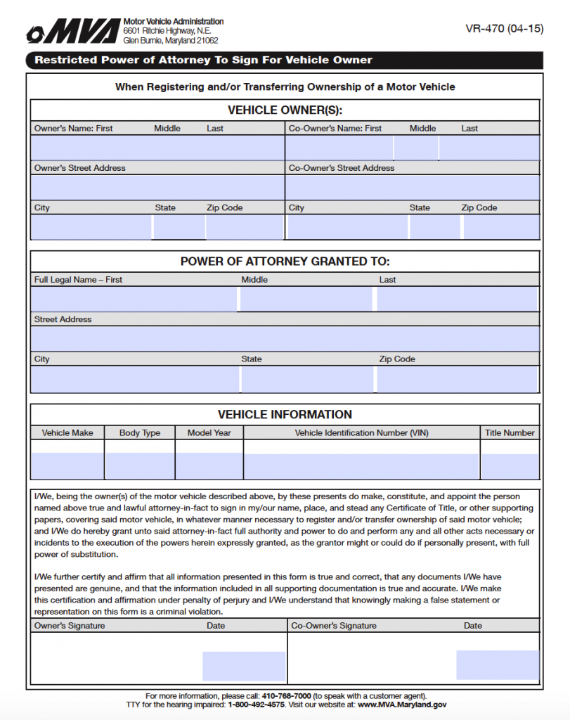 Free Motor Vehicle Power Of Attorney Form VR 470 Maryland