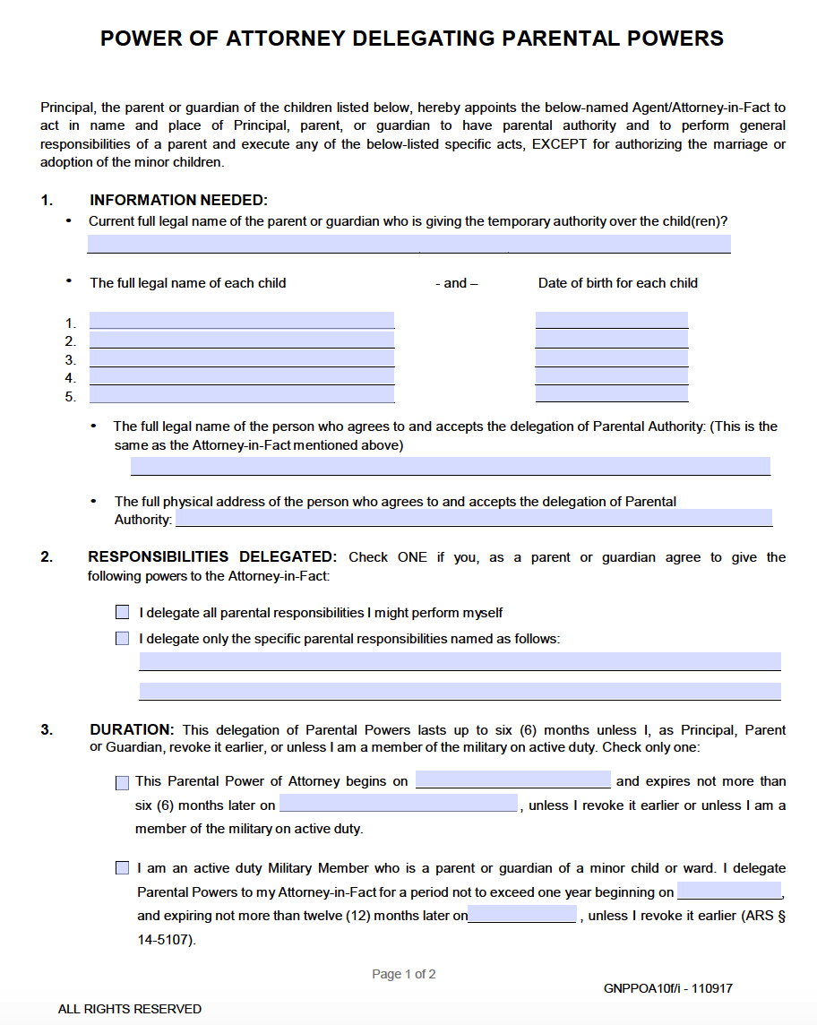 Free Printable Power Of Attorney For Minor Child