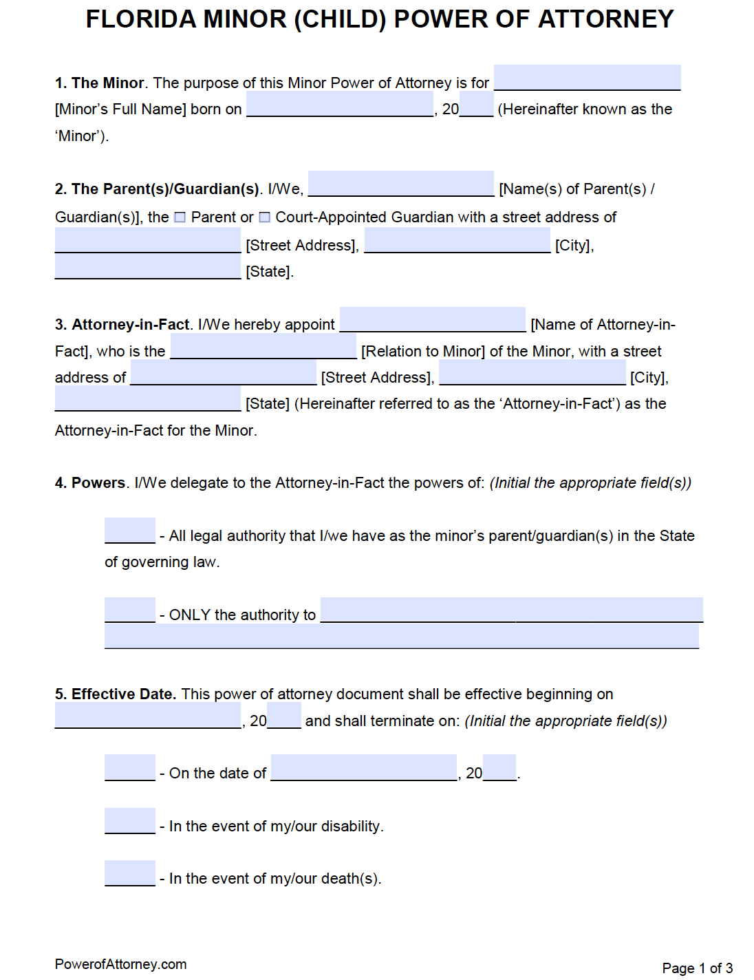 power of attorney for minor child florida