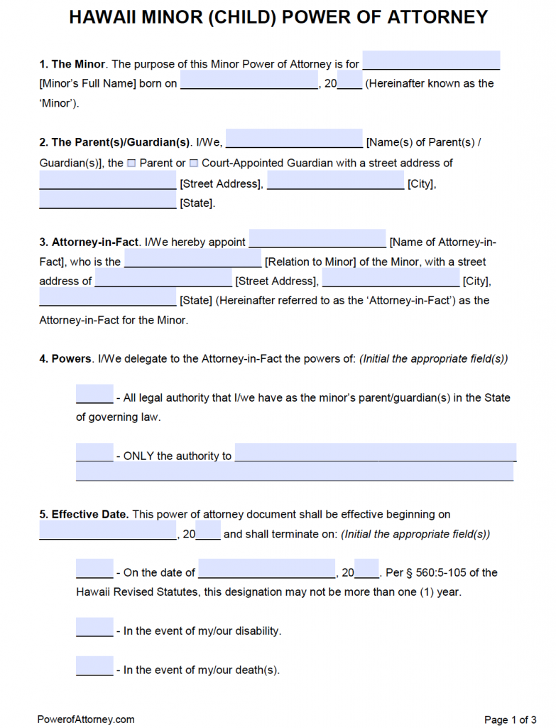 hawaii minor child power of attorney form