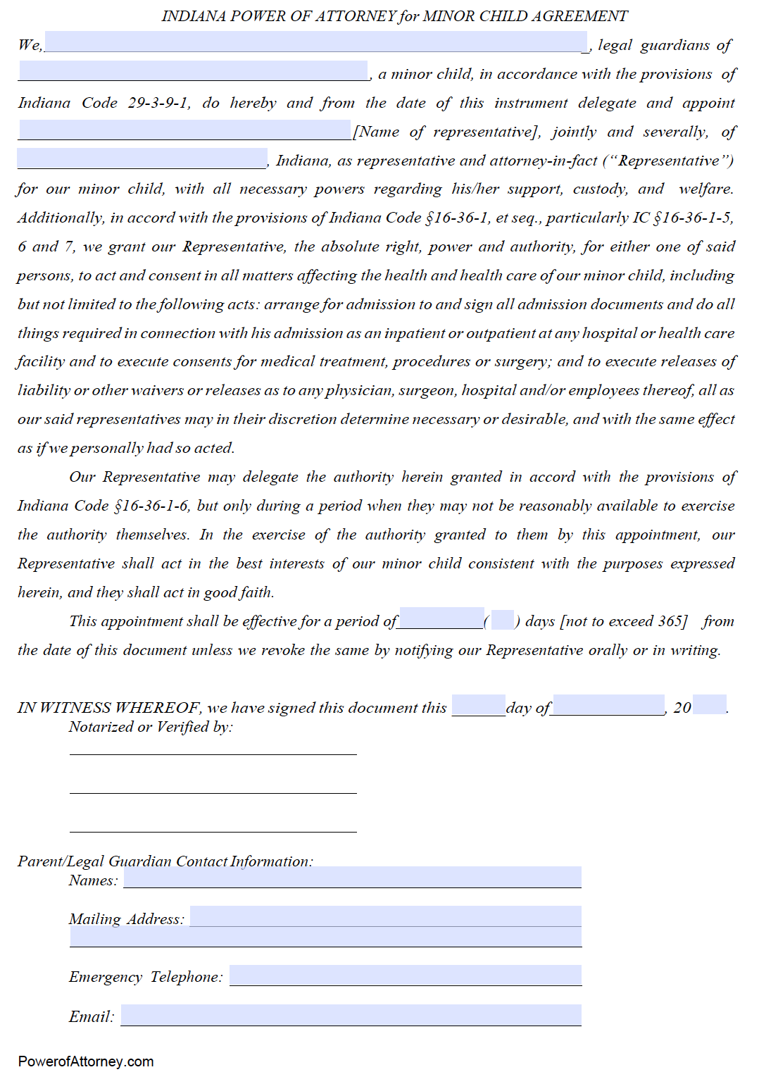 Free Minor Child Power Of Attorney Form Indiana