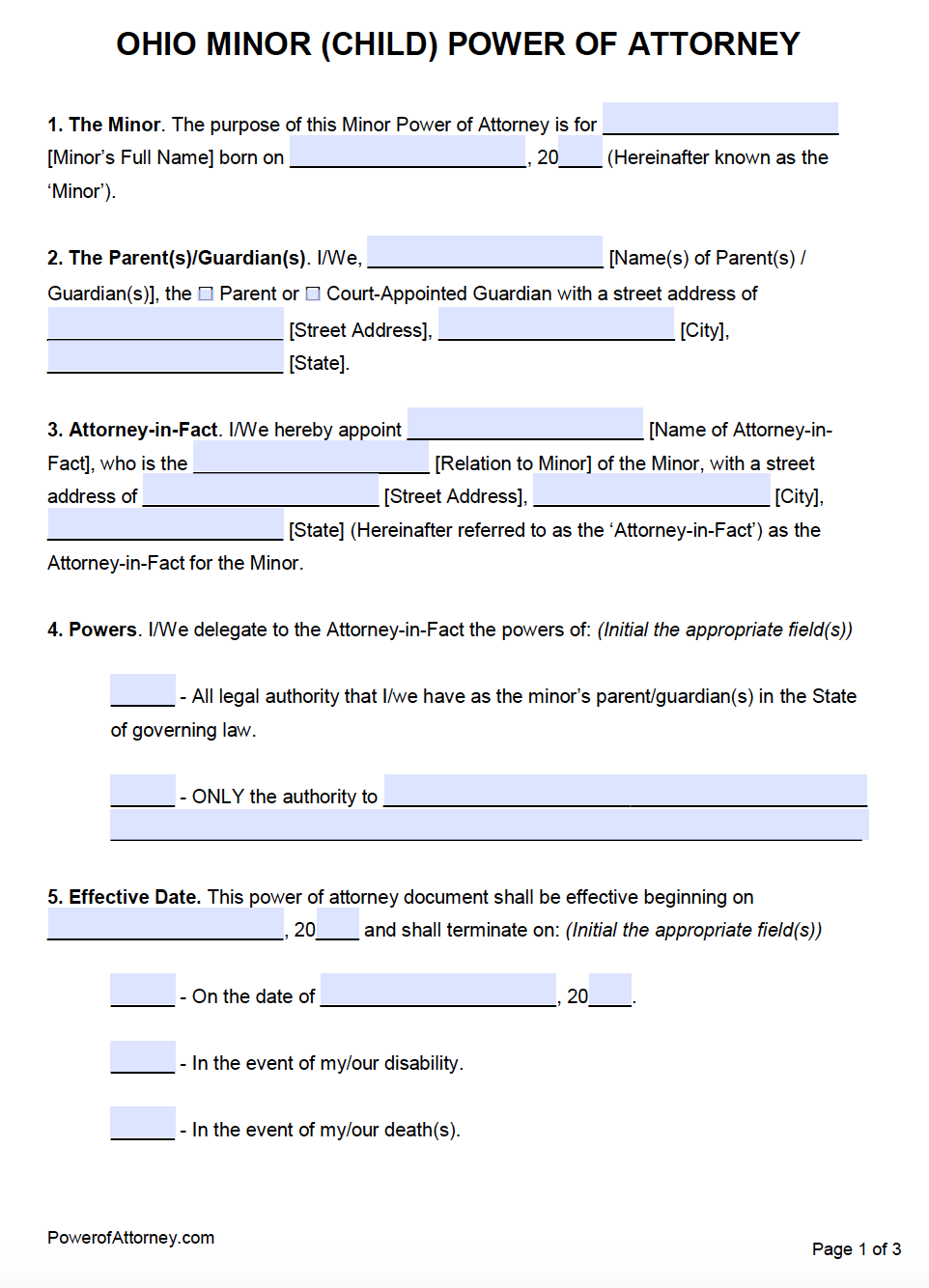 Free Minor (Child) Power of Attorney Ohio - Adobe PDF