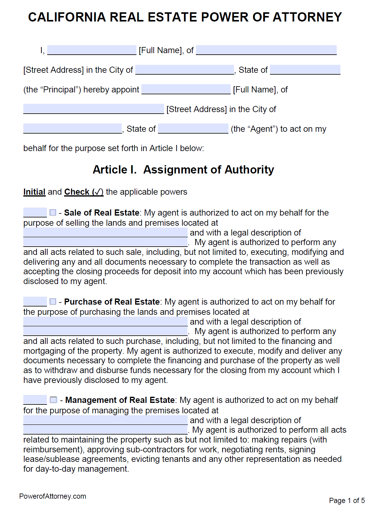 Free Real Estate Power of Attorney California Form – PDF – Word