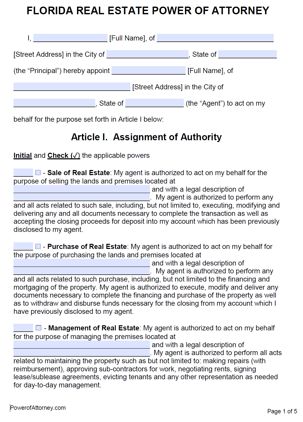 Free Real Estate Power of Attorney Florida Form - PDF - Word