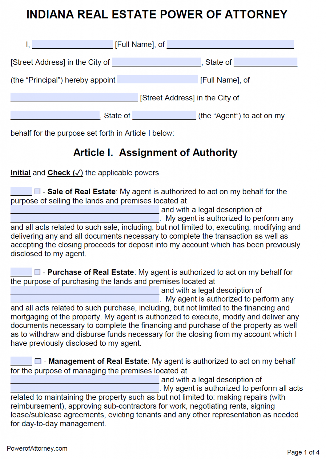 Free Indiana Power Of Attorney Forms PDF Templates
