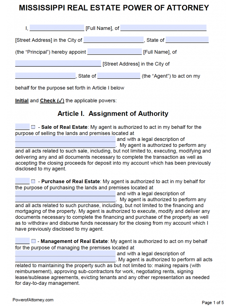 Free Real Estate Power of Attorney Form Mississippi