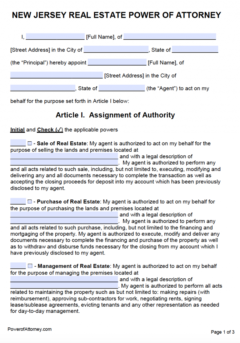 Free New Jersey Power Of Attorney Forms | PDF Templates