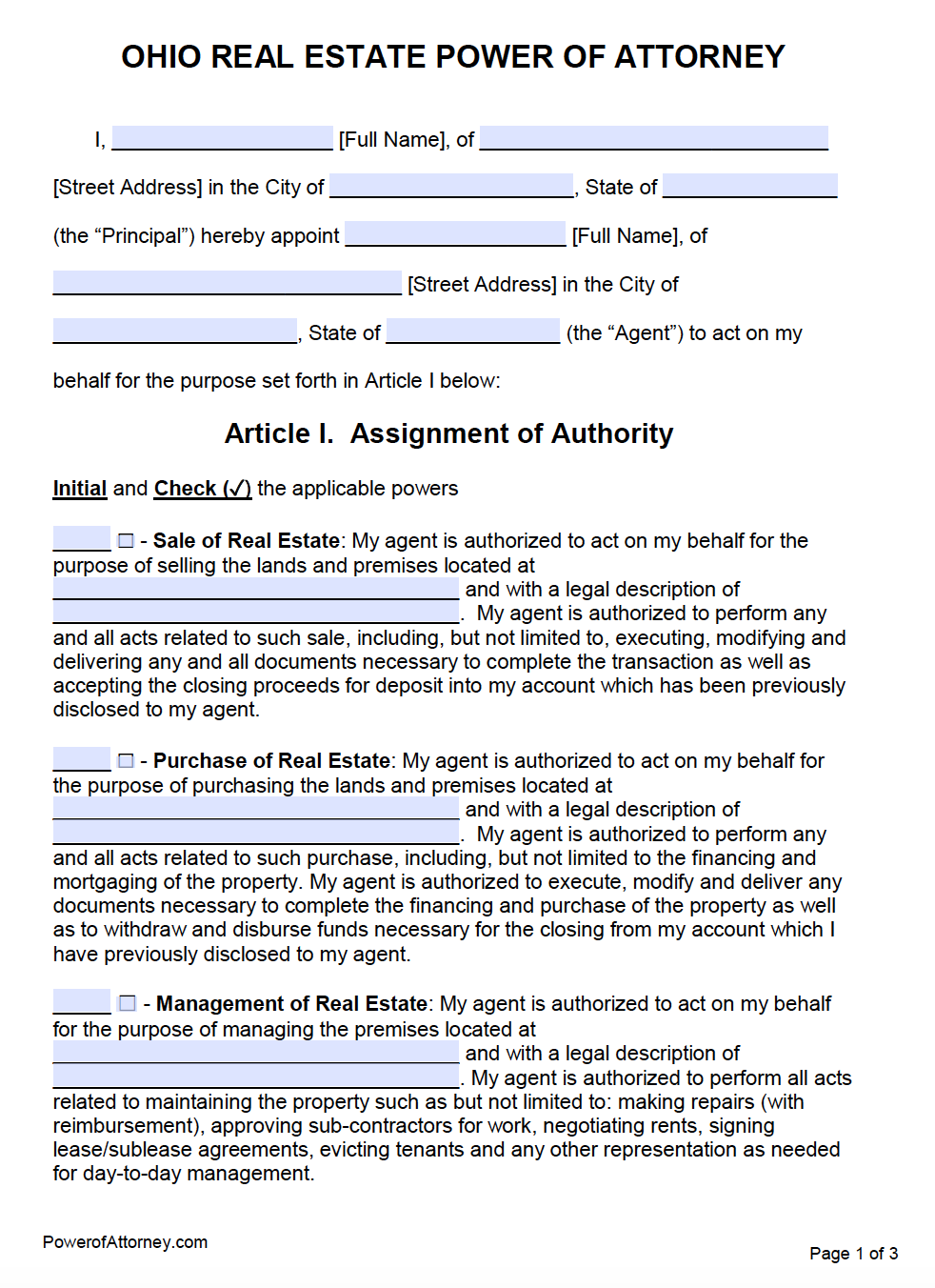 Free Real Estate Power of Attorney Ohio Form PDF Word