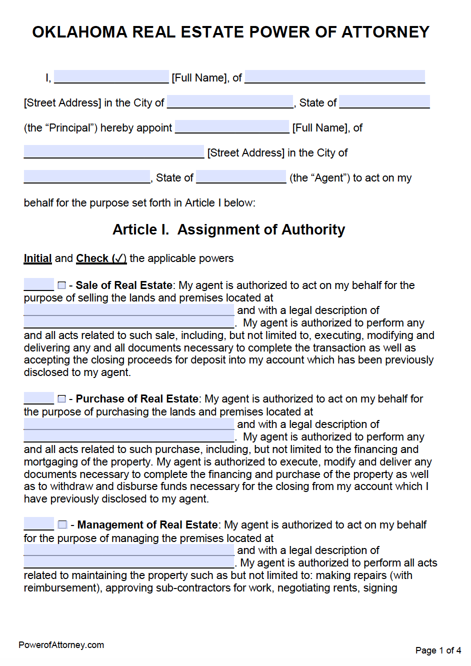 Free Real Estate Power of Attorney Oklahoma Form - PDF - Word