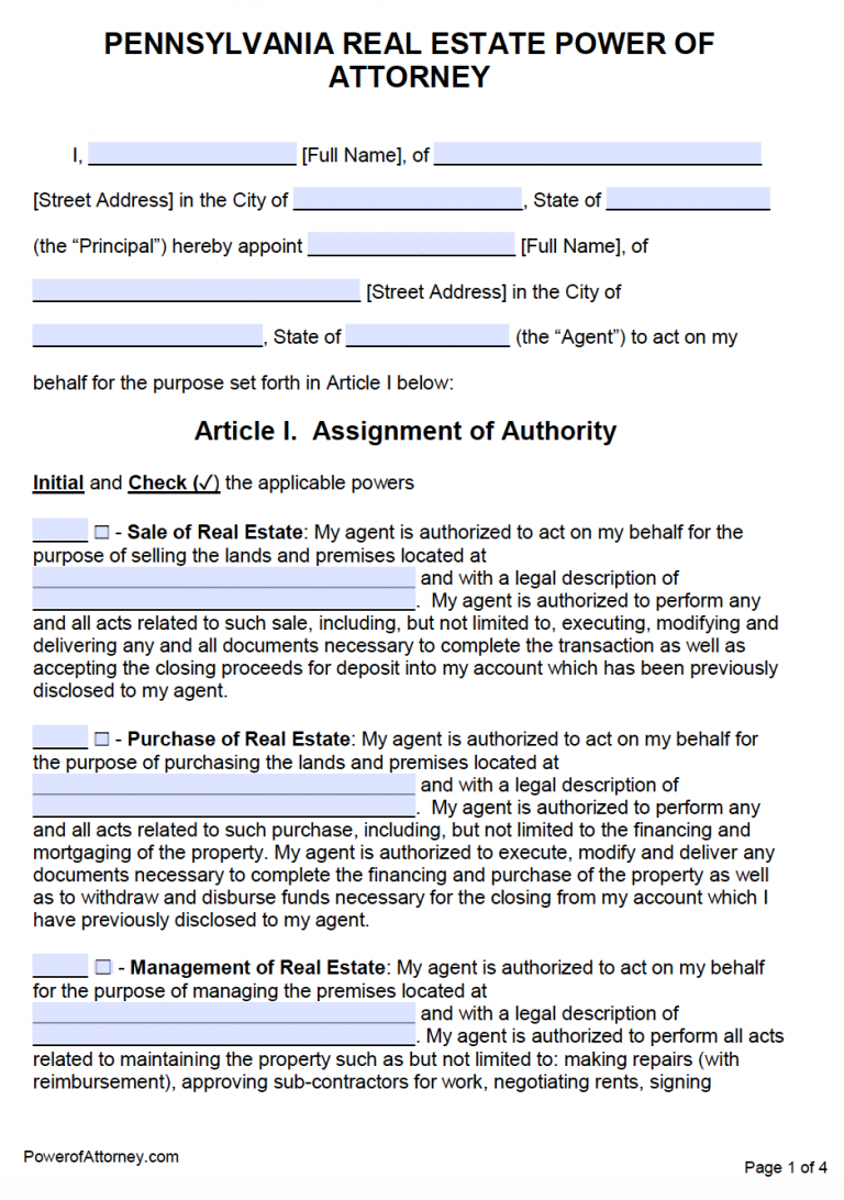 free-pennsylvania-real-estate-power-of-attorney-form-pdf-word-eforms