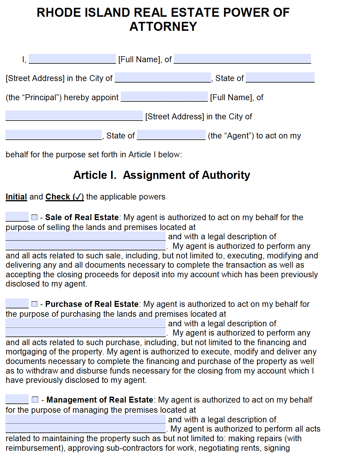 Free Real Estate Power Of Attorney Form Rhode Island