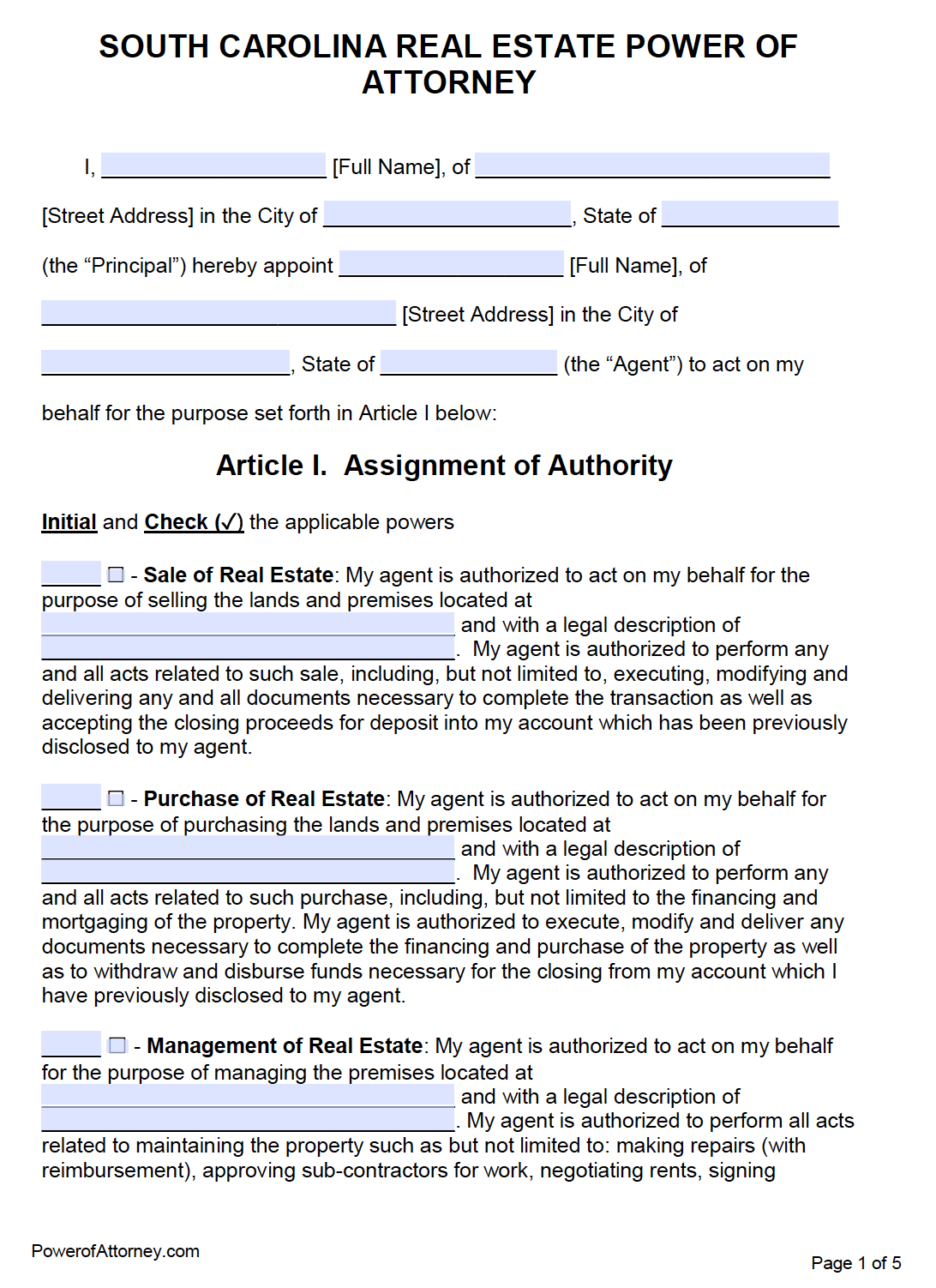 Free Real Estate Power Of Attorney Form South Carolina
