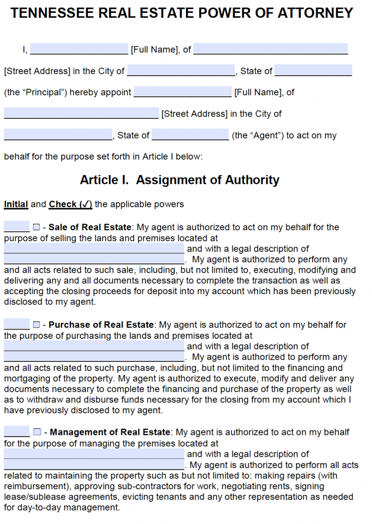 Free Tennessee Power Of Attorney Forms PDF Templates