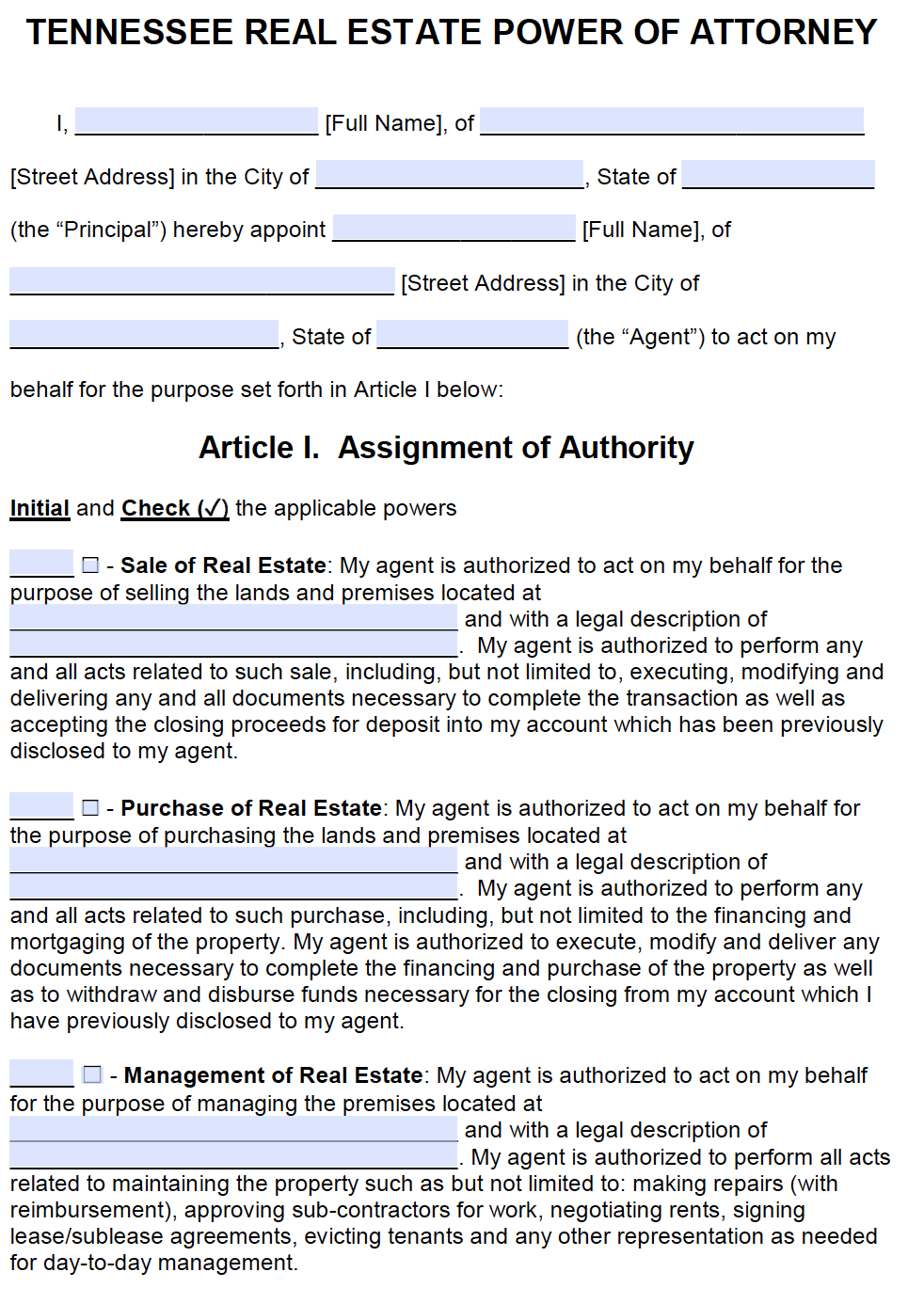 Free Tennessee Power Of Attorney Forms | PDF Templates