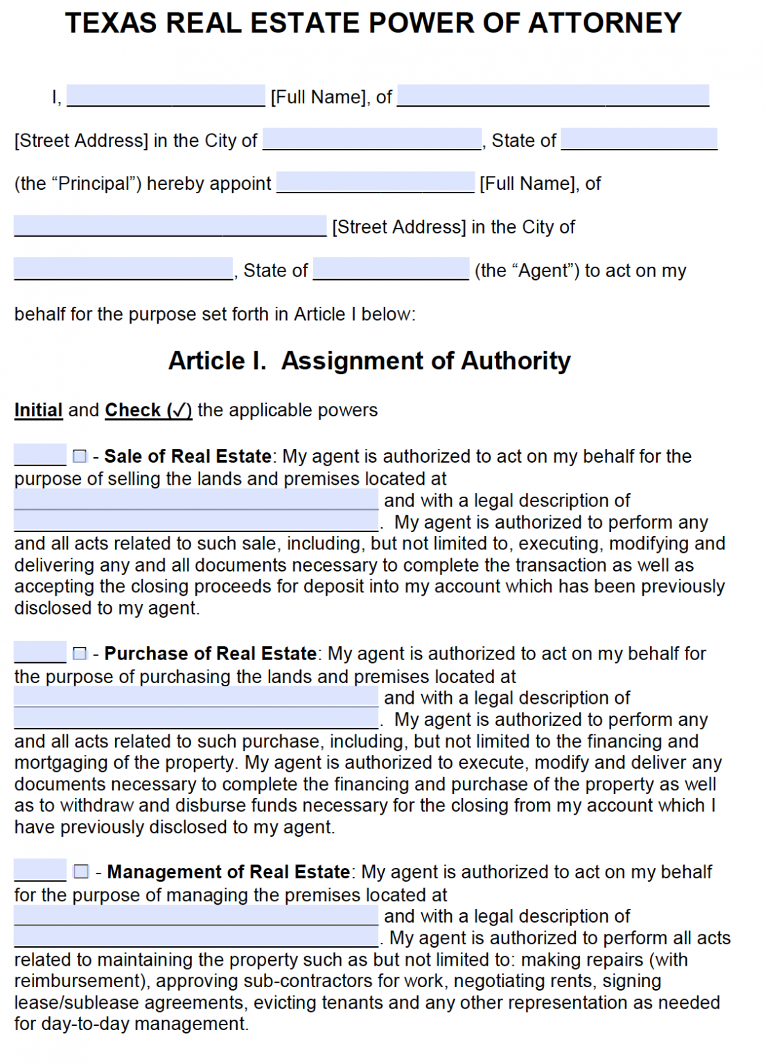 texas real estate power of attorney form pdf