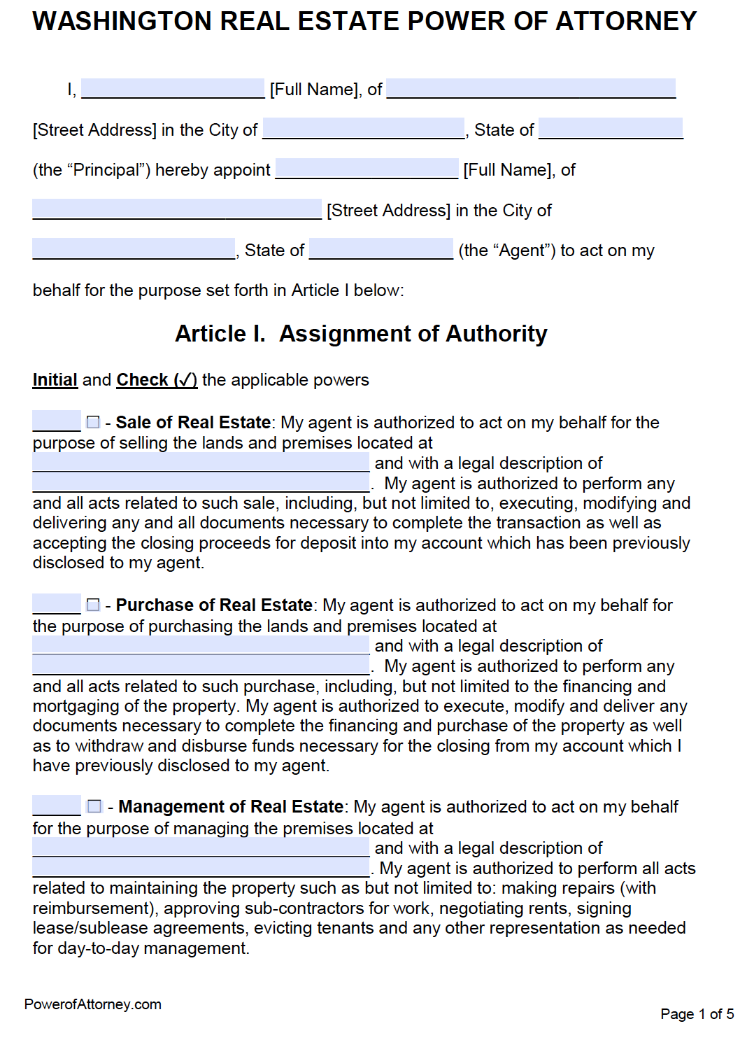 Free Washington Power Of Attorney Forms | PDF Templates